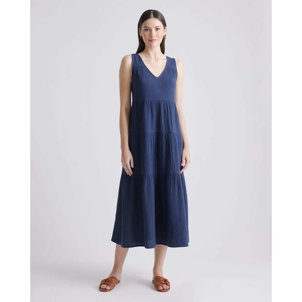 Quince Organic Cotton Gauze Tiered Maxi Dress Indigo Blue Small NWT